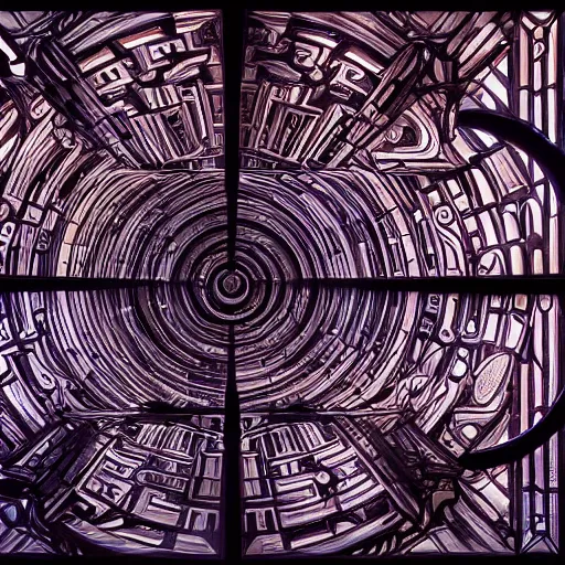 Prompt: Establishing shot, ornately and intricately carved obsidian maze, infinite labyrinth, labyrinthine, cinematic film still, arri alexa, ari aster, neobrutalist architecture, large stained glass windows, cinematic lighting, by Noah Bradley, James gurney, and Vincent di fate