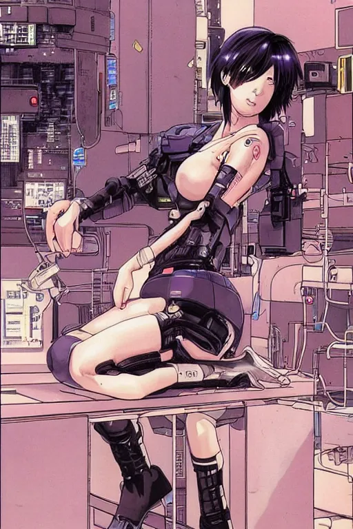 Prompt: fantastic cyberpunk illustration of motoko kusanagi in lab being repaired, by masamune shirow and katsuhiro otomo