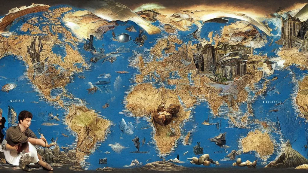 Image similar to surreal world map of languages in the styles of igor morski, jim warren, and rob gonsalves, intricate, robinson projection, accurate geography, volumetric lighting, serene, imaginative