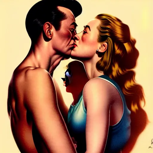 Image similar to brie larson and amber heard kissing, full body portrait, natural lights, photorealism, dramatic, cinematic, art by artgerm, rossdraws, norman rockwell, magali villeneuve, gil elvgren, alberto vargas, earl moran, enoch bolles