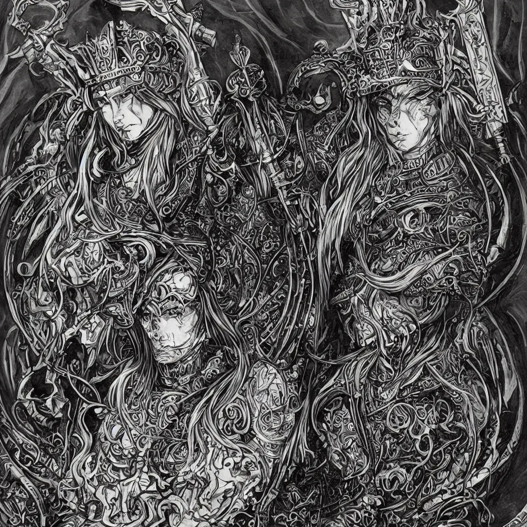 Image similar to A colorful art nouveau bust portrait of Elric in black shining armor, holding a rune-engraved black broadsword that glows with eldritch power, wearing an intricately detailed chaos star crown, by P. Craig Russell, Michael Kaluta and Jia Ruan, fantasy, crisp lighting and edges, dark ambience, malevolent expression, determination, fear, confidence, accurate symmetrical facial details, aquiline facial features, medieval fantasy designs, white wolf, anime style