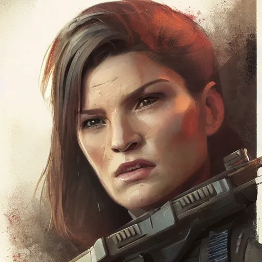 Image similar to portrait of a woman by greg rutkowski, she looks like gina carano, she is about 7 0 years old, impeccable military composure, wearing tactical gear of the galactic alliance, star wars expanded universe, highly detailed portrait, digital painting, artstation, concept art, smooth, sharp foccus ilustration, artstation hq