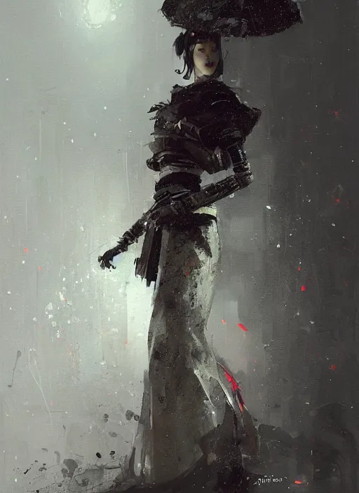 Image similar to female geisha robot, rule of thirds, intricate outfit, spotlight, by greg rutkowski, by jeremy mann, digital painting