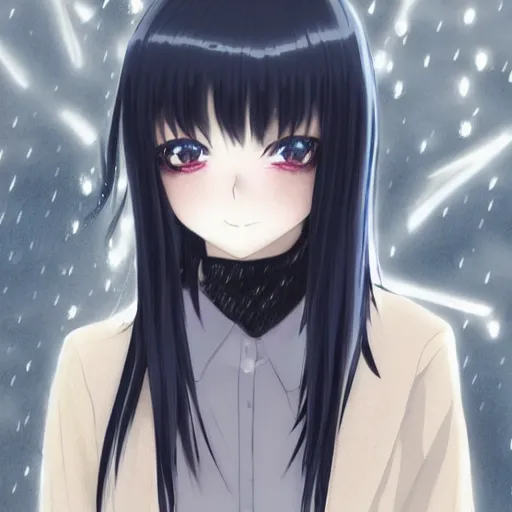 Image similar to 1 7 - year - old anime goth girl, black hair, long bob cut, long bangs, gothic coat, long bangs, united kingdom, rainy day, small town, midlands, english village, street scene, ultra - realistic, sharp details, cold lighting, blue and gray colors, intricate details, subsurface scattering, hd anime, 2 0 1 9 anime