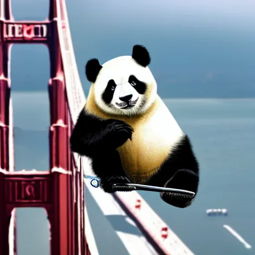 Image similar to a panda holding an umbrella and riding a unicycle on golden gate bridge,