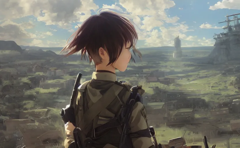 Image similar to panoramic view, girl, soldier clothing, battlefield in background, anime style, short hair, hair down, real face, realistic anatomy, symmetrical facial features, from arknights, hyper realistic, 4 k, extreme detail, detailed drawing, trending artstation, safebooru, realistic lighting, by alphonse mucha, greg rutkowski, shoulder eyes, backlit