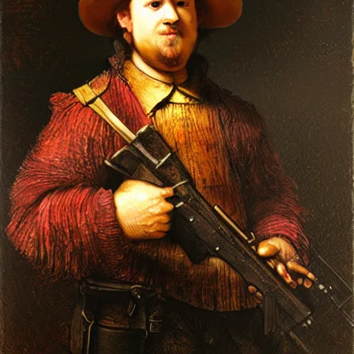 Prompt: bingus holding a machine gun in the style of rembrandt