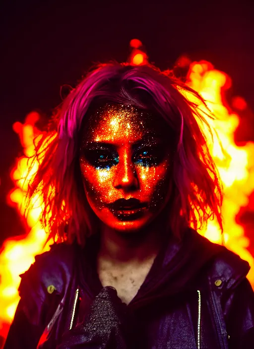 Image similar to Cinestill 50d photograph of a city on fire, a techwear mixed woman wearing thick mascara and dark glitter makeup crying outside of a city on fire, tattoos, tilted frame, 4k, 8k, hd, full color