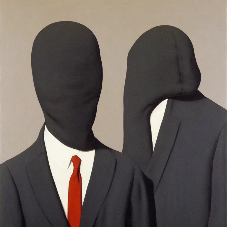 Prompt: portrait of a faceless hooded figure in a suit by rene magritte, detailed painting, distance, centered, hd, hq, high resolution, high detail, 4 k, 8 k