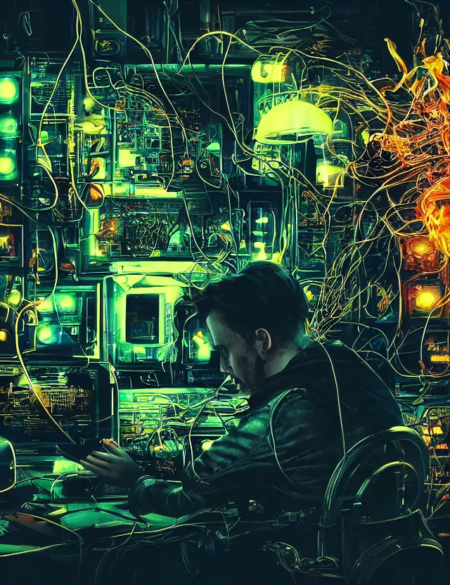 Prompt: “Artstation. A room full of electronic steampunk equipment with lots of electric wires and large tv screens and big voltage meters. A colorful bright burst of fire and smoke is coming out of the computer screen. Close-up of a man sitting at the keyboard and watching it in awe. Dark, intricate, highly detailed, smooth, in style of Mike Savad”