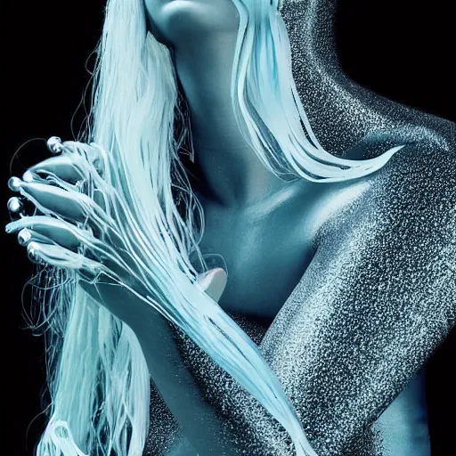 Prompt: Vass Roland cover art body art pose future bass girl unwrapped smooth body fabric unfolds statue bust curls of hair petite lush front and side view body photography model full body curly jellyfish lips art contrast vibrant futuristic fabric skin jellyfish material metal crystals veins style of Jonathan Zawada, Thisset colours simple background objective