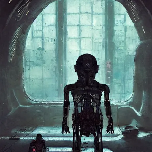 Prompt: minimalist cyborg midget inside byzantine kowloon hoarder labaratory, portrait by by greg rutkowski and h. r. giger and stalenhag and deak ferrand, studio ghibli composition