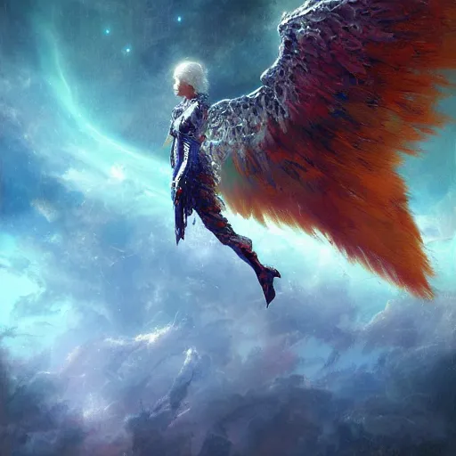 Image similar to UHD hyperrealistic photorealisitc, detailed cosmic Angel robot, with real wings, by Greg Rutkowski and Amano, tonalism, rich deep colors masterpiece