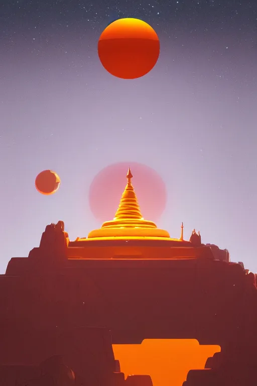 Image similar to tibetan stupa glowing orange in canyon, geometric lines in the sky, floating planets, dramatic lighting, artstation, matte painting, ralph mcquarrie, simon stalenhag