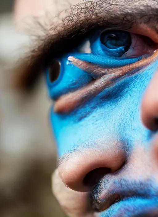 Image similar to fish eye lens close up photograph of a man with blue skin and a goatee side eyeing the camera with a sympathetic look