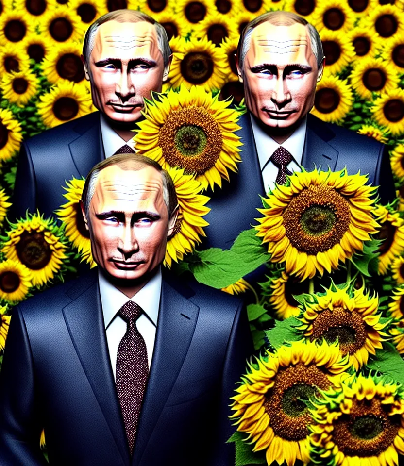 Image similar to photo portrait of Vladimir Putin - sunflowers - dressed in leisure suit with sunflower pattern and tombstone for a tie, natural skin tone, highly detailed realistic flowers ornament on suit, facial wrinkles and brows are intricate with highly detailed realistic flowers, elegant, Realistic, Refined, Highly Detailed, natural soft pastel lighting colors scheme, fine art photography by Cecil Beaton, volumetric lighting, hyper realistic photography