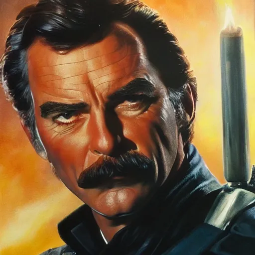 Image similar to ultra realistic portrait painting of tom selleck as anakin skywalker, art by frank frazetta, 4 k, ultra realistic, highly detailed, epic lighting