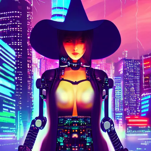 Prompt: detailed portrait cyberpunk robotic cybergirl with witch hat on flying cyberbroom in night city at giant japanese neon label 4 k, digital art