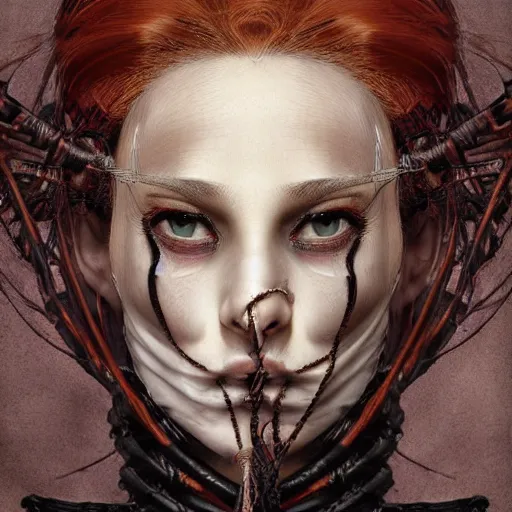 Image similar to portrait of a Shibari rope wrapped face and neck, headshot, insanely nice professional hair style, dramatic hair color, digital painting, of a old 15th century, old cyborg merchant, amber jewels, baroque, ornate clothing, scifi, realistic, hyperdetailed, chiaroscuro, concept art, art by Franz Hals and Jon Foster and Ayami Kojima and Amano and Karol Bak,