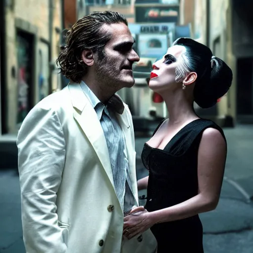 Prompt: detailed 4 k photorealistic lady gaga and joaquin phoenix talk each other, some detailed footage in next joker movie in the style of nick ut and eddie adams and margaret bourke and yousuf karshs and alfred eisenstaedt