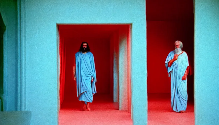 Prompt: 1 9 7 0 s movie still of socrates in red drapery in a light blue neoclassical tunnel with collums, cinestill 8 0 0 t 3 5 mm, high quality, heavy grain, high detail, panoramic, ultra wide lens, cinematic light, dramatic light, anamorphic