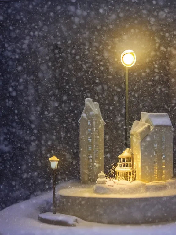 Image similar to snow globe diorama of tiny soviet residential building, lights are on in the windows, cozy atmosphere, fog, cold winter, snowing, streetlamps with orange volumetric light, birches