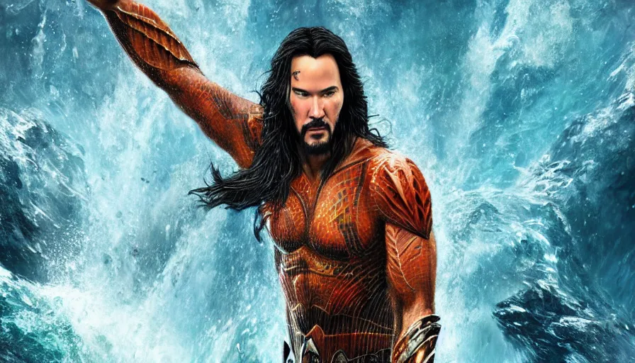 Prompt: Keanu Reeves is Aquaman, hyperdetailed, artstation, cgsociety, 8k