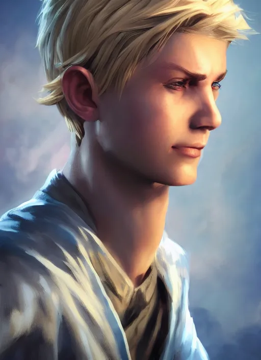 Prompt: An epic fantasy comic book style portrait painting of a young blonde boy thief, unreal 5, DAZ, hyperrealistic, octane render, cosplay, RPG portrait, dynamic lighting -20