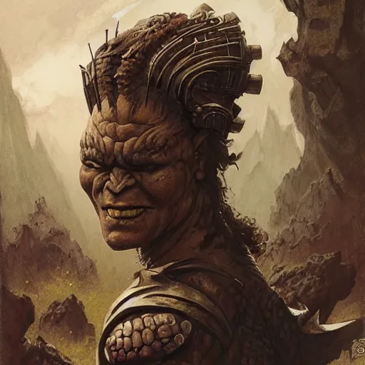 Prompt: head and shoulders ( ( ( vogue fashion photo portrait ) ) ) of an ogre barbarian, d & d, fantasy, greg rutkowski, frank frazetta, alexandre chaudret, boris vallejo, michael whelan, miro petrov, hr giger, magali villeneuve, donato giancola