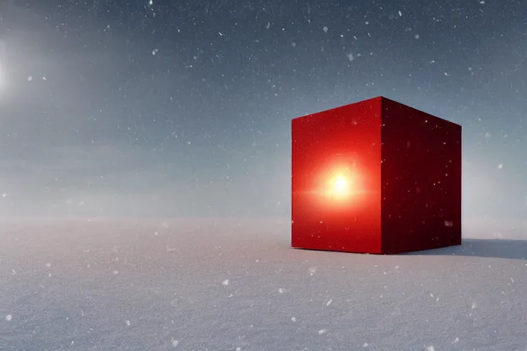 Image similar to a large red cube of light sitting in the middle of a snow covered field, a matte painting by pascal blanche, featured on behance, new sculpture, matte painting, apocalypse art, apocalypse landscape