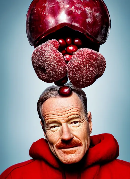 Image similar to bryan cranston cranberries spilling from mouth, cranberry helmet, studio light, bloom, detailed face, magazine, press, photo, steve mccurry, david lazar, canon, nikon, focus