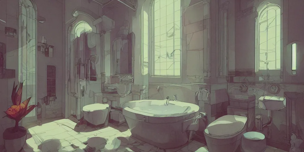 Image similar to bathroom interior, vaporwave, lofi, detailed, loish, trends in artstation by moebius,