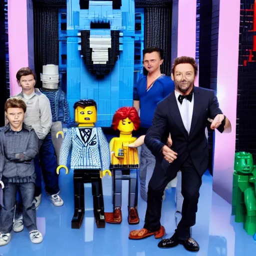 Prompt: hugh jackman as the host of lego masters, fashion photo,