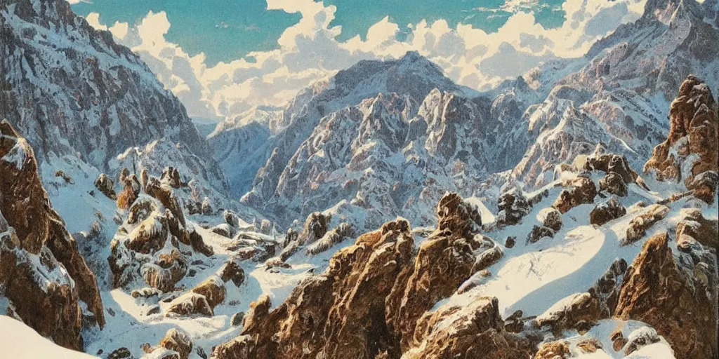 Image similar to beautiful!!!!!!!!!!!! idyllic poster illustration for a craggy ice snow valley canyon national park by ludwig hohlwein, ludwig hohlwein!!!!!!!!!!