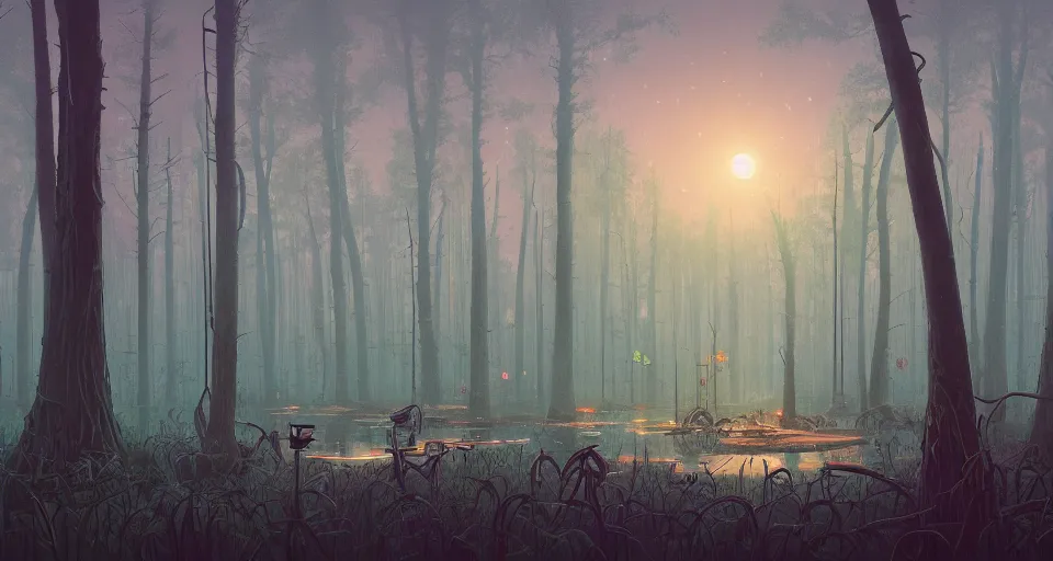 Image similar to A fantastic, enchanted, magic swamp, by simon stalenhag