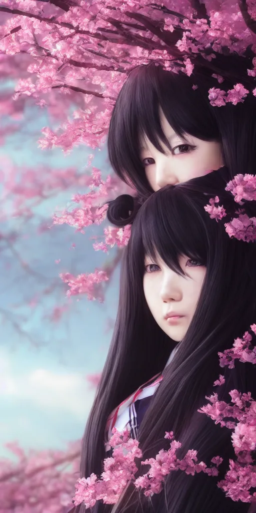 Image similar to a beautiful detailed render of an attractive japanese female with long black hair covering part of her face and wearing a seifuku, standing next to a beautiful cherry blossom tree, centered, trending on artstation and deviantart and behance, extreme detailing, dim dusk lighting, cinematic lighting, detailed lighting, volumetric lighting, realistic, f 8, 4 k hd wallpaper