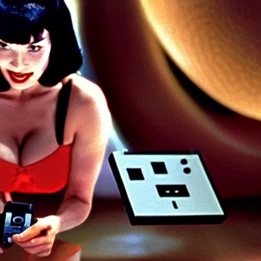 Image similar to a still of Bettie Page playing with a NES controller, in the movie 2001 A Space Odyssey, highly detailed and intricate, cinematic lighting, 4k HDR