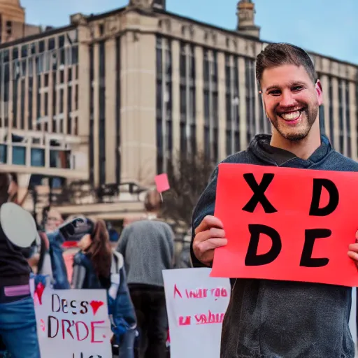 Image similar to photograph of smiling man holding a protest sign saying'xd ', high detail, 8 k resolution