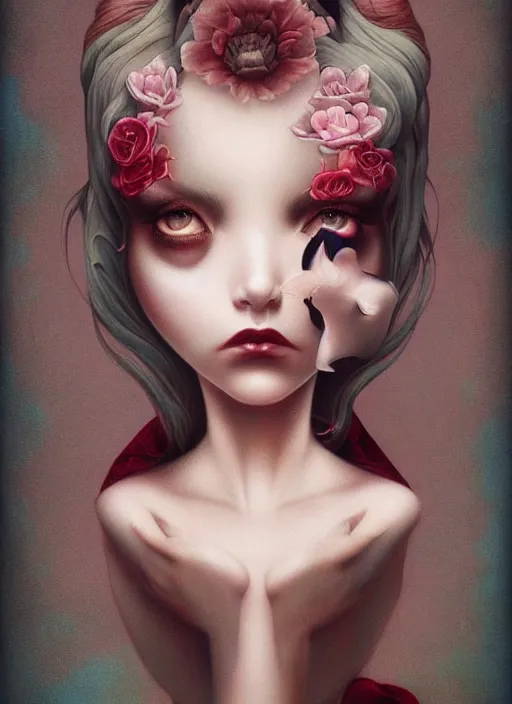 Image similar to pop surrealism, lowbrow art, realistic cute seductive female figure painting, japanese street fashion, hyper realism, muted colours, natalie shau tom bagshaw, mark ryden, trevor brown style,