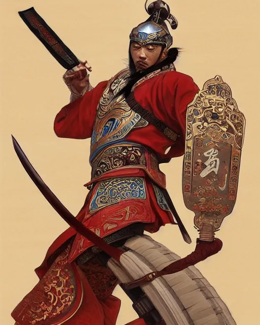 Image similar to suit up man and chinese ancient warrior back to back, decorated with opera motifs, traditional chinese art, intricate, elegant, highly detailed, digital painting, artstation, concept art, smooth, sharp focus, illustration, art by artgerm and greg rutkowski and alphonse mucha, 8 k