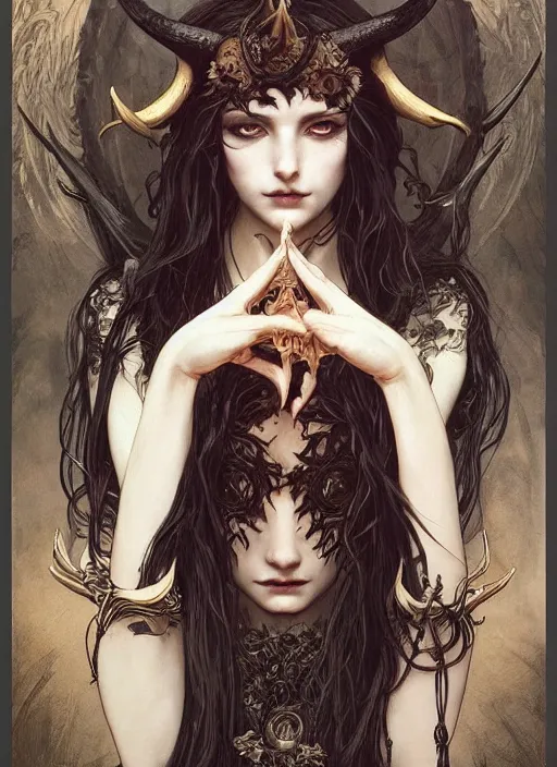 Image similar to a beautiful illustration of a satanic witch with horns in head, intricate, sharp focus, illustration, highly detailed, digital painting, concept art, matte, art by wlop and artgerm and greg rutkowski and alphonse mucha, masterpiece