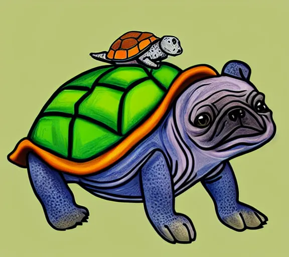 Prompt: a cute little turtle riding on the back of a pug, digital art, colourful