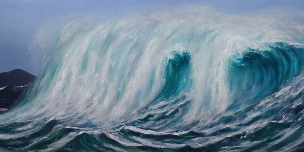 Prompt: giant wave wrapping over San Francisco, high above, realist painting