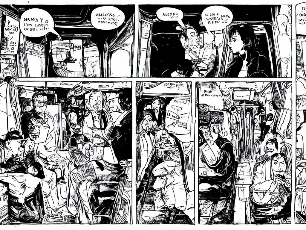 Image similar to a single comic panel by Daniel Clowes, 3/4 low angle view wide shot of two people sitting in an empty Chicago subway train, in front of windows: a sad Aubrey Plaza in a parka and a friendly Mads Mikkelsen in a suit