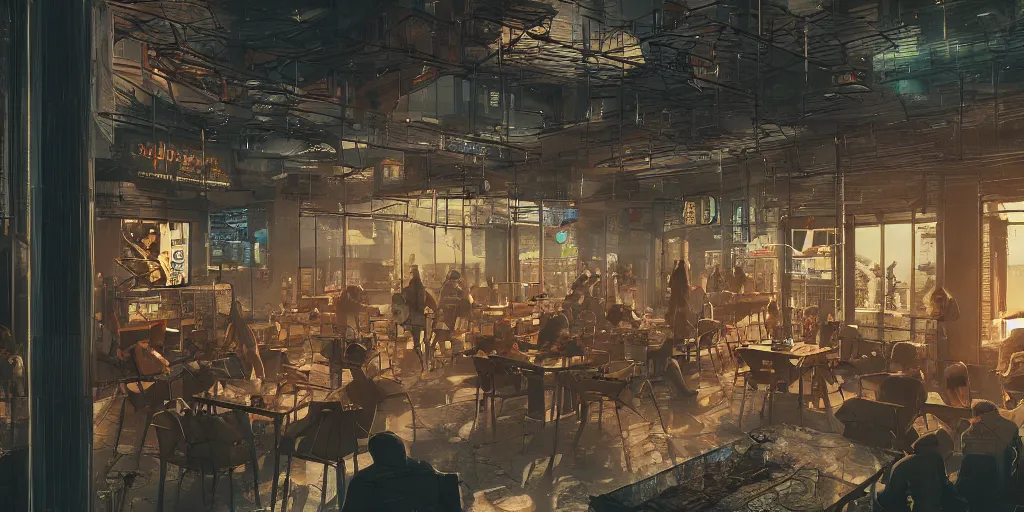 Image similar to a beautiful and cozy octane render of a cyberpunk coffee shop on a hammock structure between two towers, hyper detailed, multiple levels, award winning art, by bladerunner, by cameron, by gibson, mead,