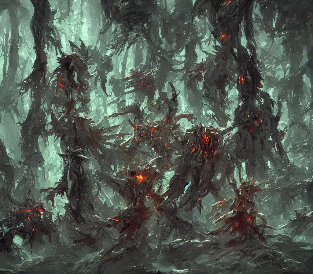 Image similar to astronaut walking in a forest made out of many demonic head and claws, by blizzard concept artists