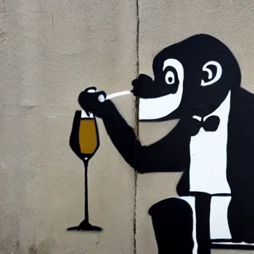 Image similar to Graffiti by Banksy of an ape in a suit drinking champagne