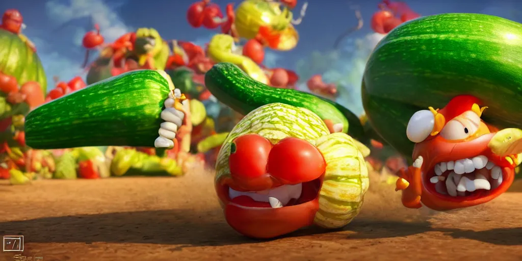 Image similar to detailed 3 d render of a raging zucchini!! character chasing!! down a desperate tomato!, high speed action, explosions, dramatic scene, hyper realistic octane render, cinematic lighting, deviantart, pop - surrealism, lowbrow, frame from disney pixar movie