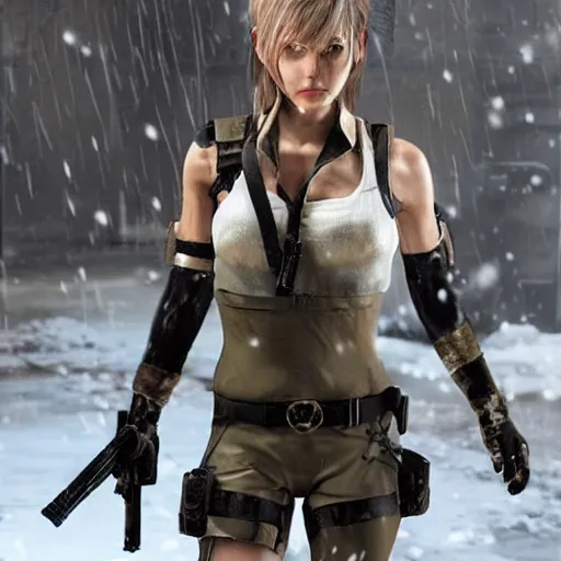 Prompt: quiet from metal gear solid v, caught in a snow blizzard, holding a torch,