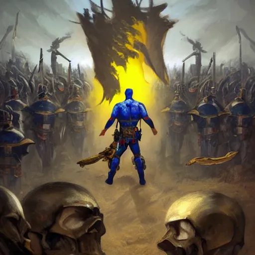 Image similar to a distant full body shot from behind of a super soldier with a yellow and blue flag on his shoulders standing on a pile of skulls in triumph after battle, western, D&D, fantasy, intricate, elegant, highly detailed, digital painting, artstation, concept art, matte, sharp focus, symmetrical, illustration, art by Artgerm and Greg Rutkowski and Alphonse Mucha